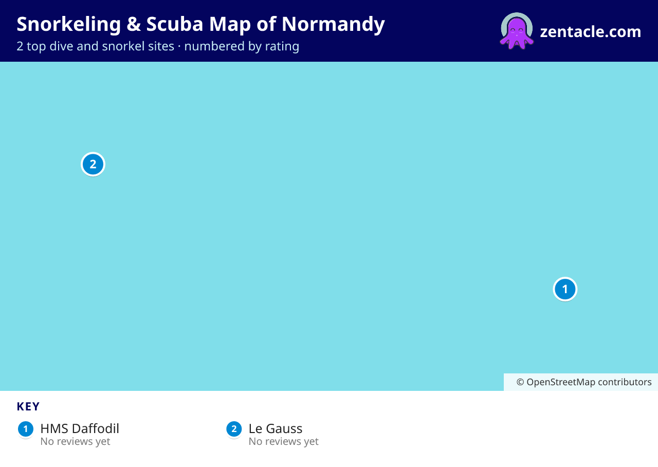 Snorkeling & Scuba Map of Normandy: numbered map of the top 2 dive and snorkel sites, with ratings