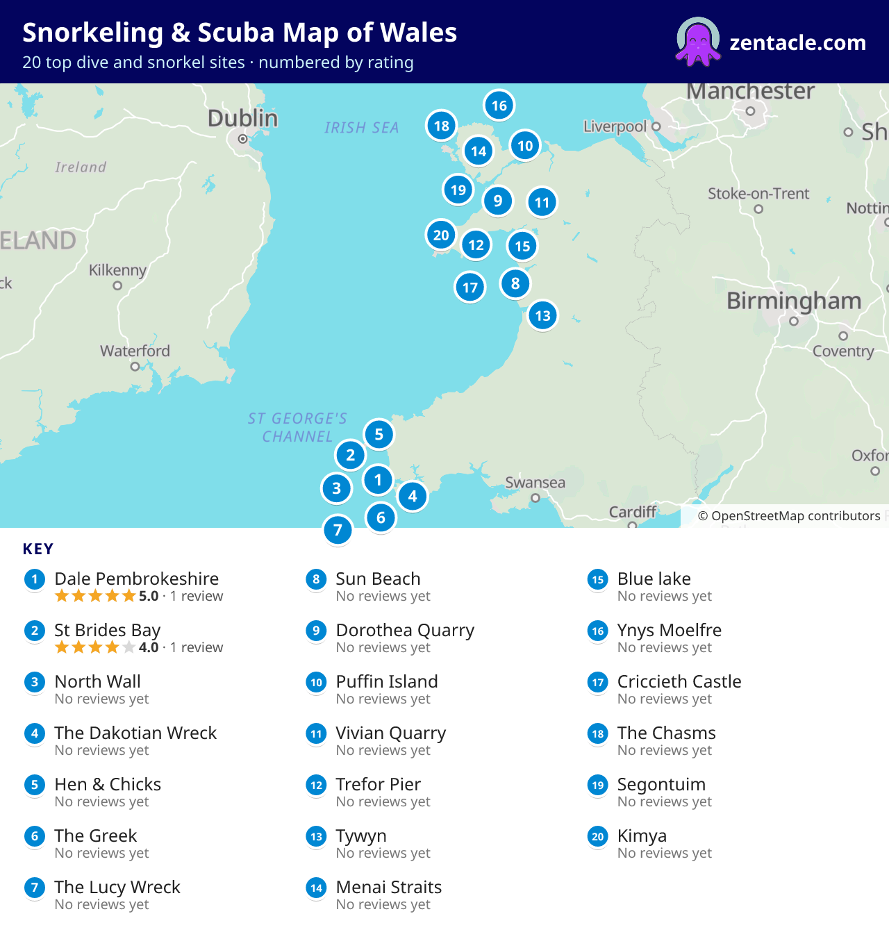 Snorkeling & Scuba Map of Wales: numbered map of the top 20 dive and snorkel sites, with ratings