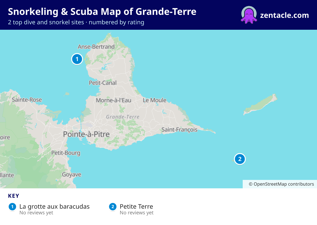 Snorkeling & Scuba Map of Grande-Terre: numbered map of the top 2 dive and snorkel sites, with ratings