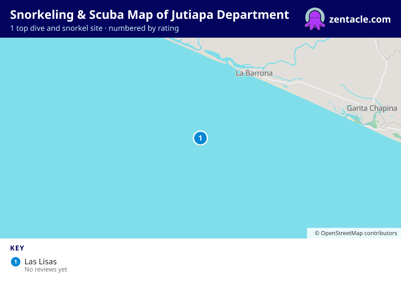 Snorkeling & Scuba Map of Jutiapa Department: numbered map of the top 1 dive and snorkel sites, with ratings