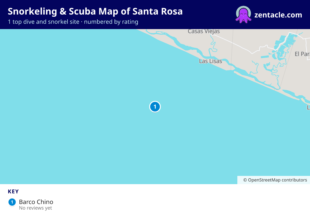 Snorkeling & Scuba Map of Santa Rosa: numbered map of the top 1 dive and snorkel sites, with ratings