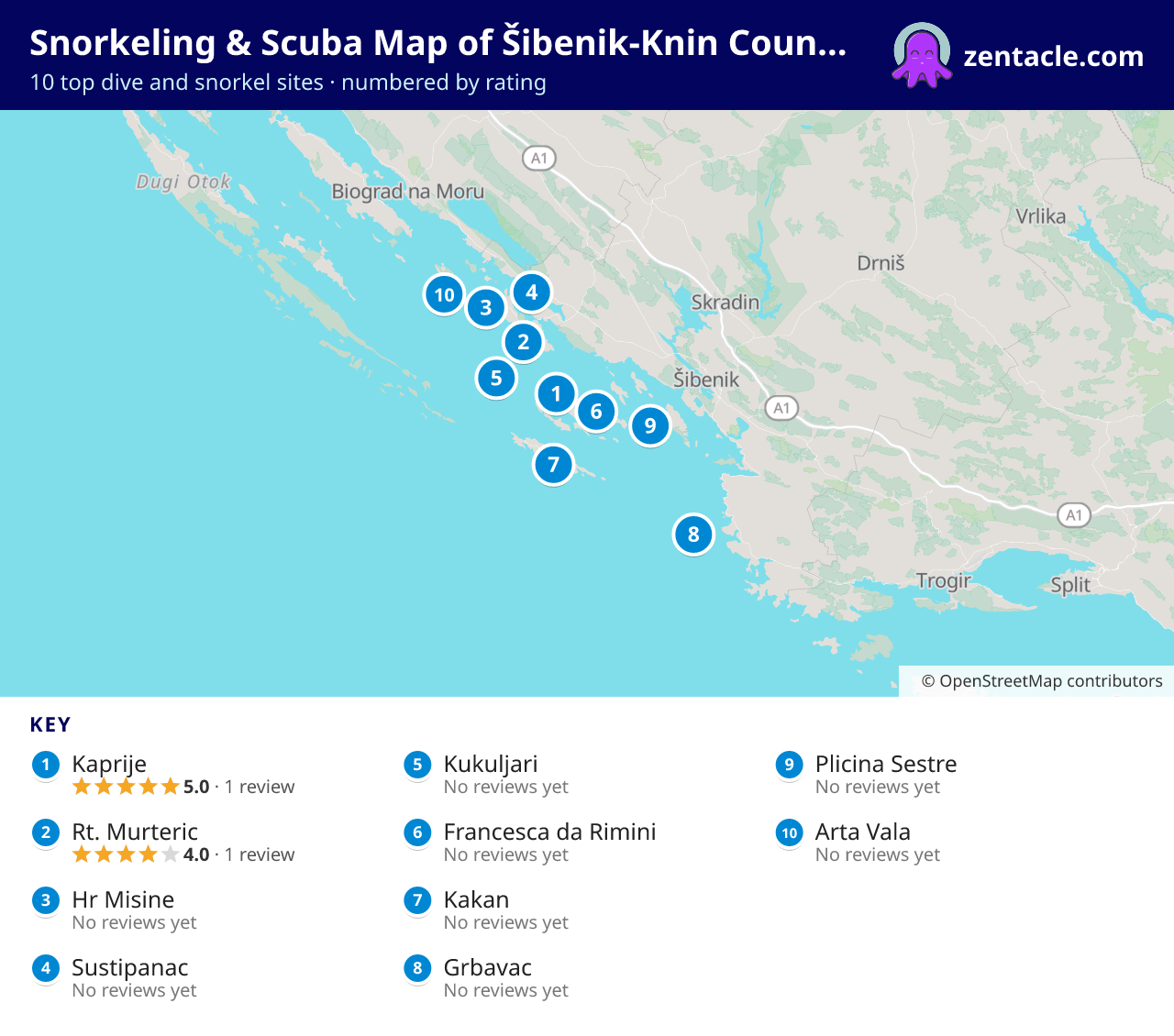 Snorkeling & Scuba Map of Šibenik-Knin County: numbered map of the top 10 dive and snorkel sites, with ratings
