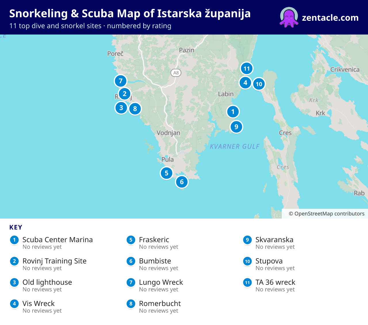 Snorkeling & Scuba Map of Istarska županija: numbered map of the top 11 dive and snorkel sites, with ratings