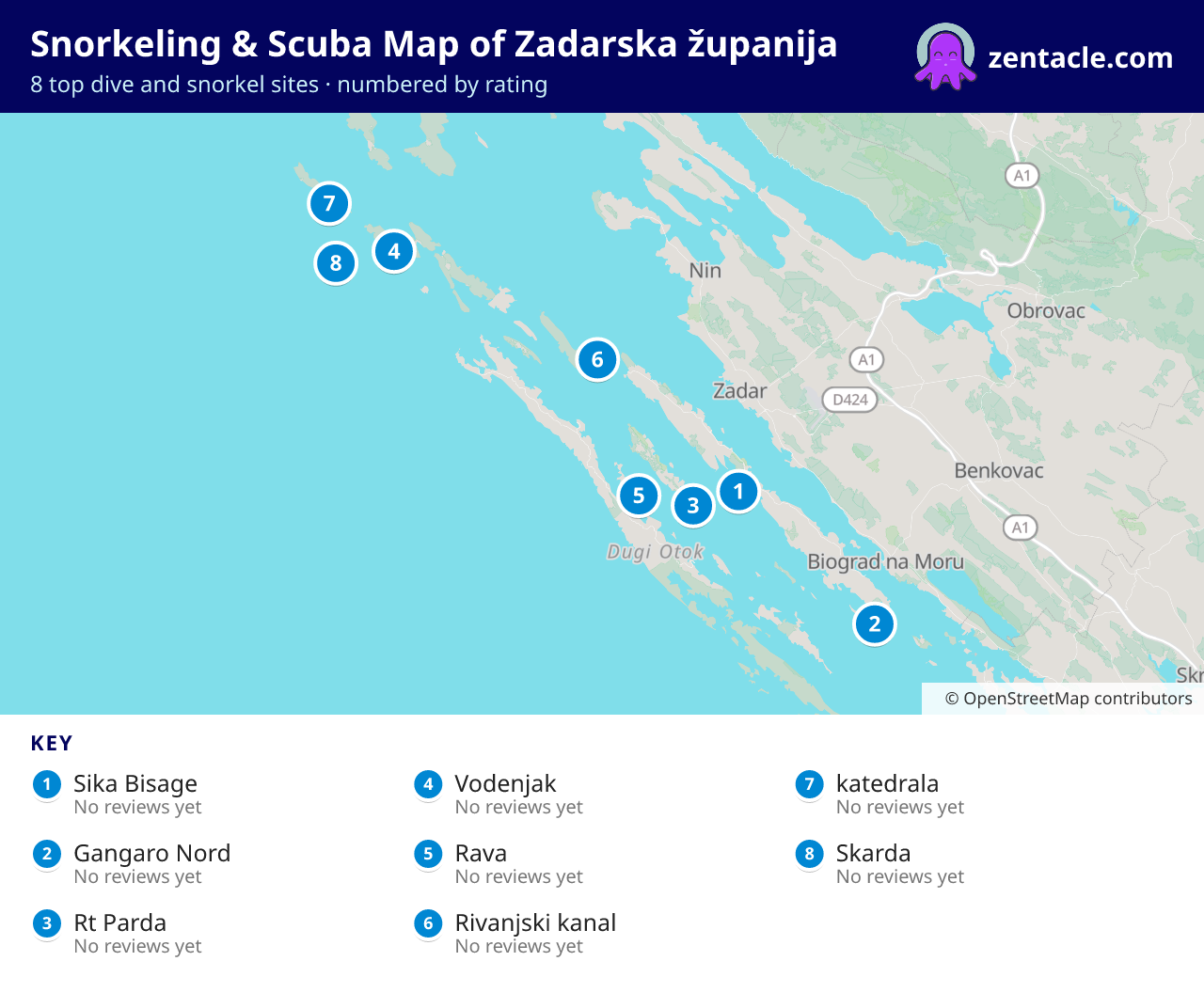 Snorkeling & Scuba Map of Zadarska županija: numbered map of the top 8 dive and snorkel sites, with ratings