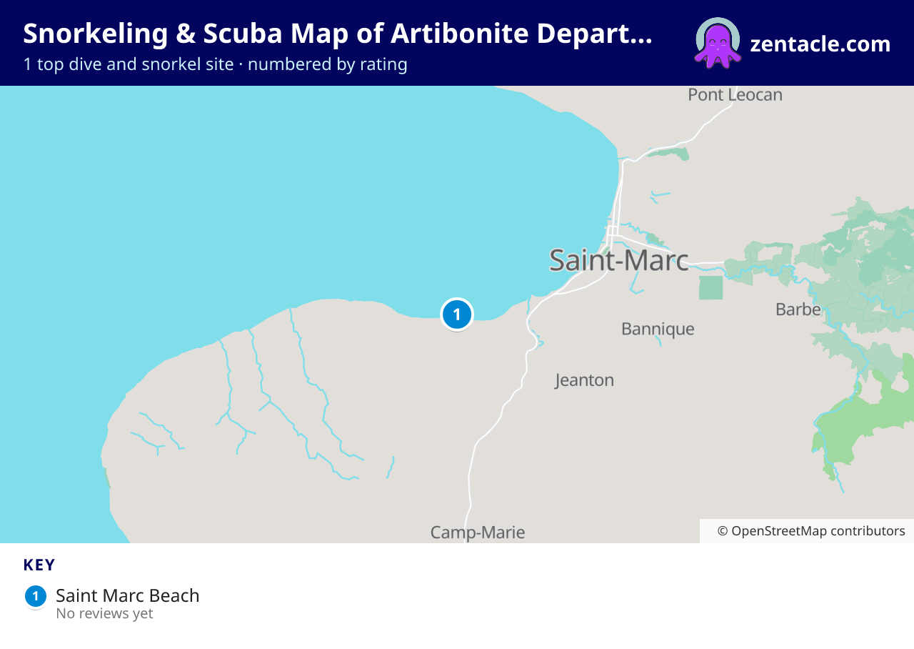 Snorkeling & Scuba Map of Artibonite Department: numbered map of the top 1 dive and snorkel sites, with ratings