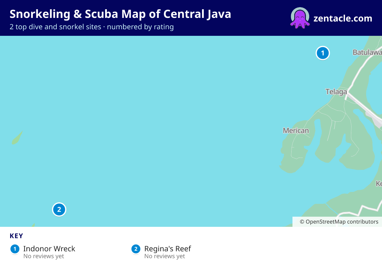 Snorkeling & Scuba Map of Central Java: numbered map of the top 2 dive and snorkel sites, with ratings