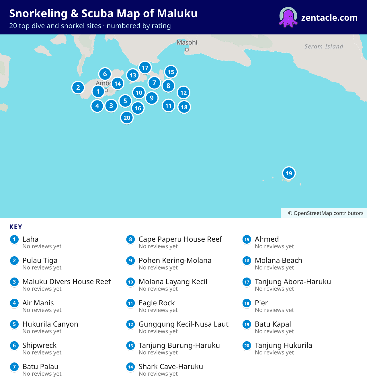 Snorkeling & Scuba Map of Maluku: numbered map of the top 20 dive and snorkel sites, with ratings