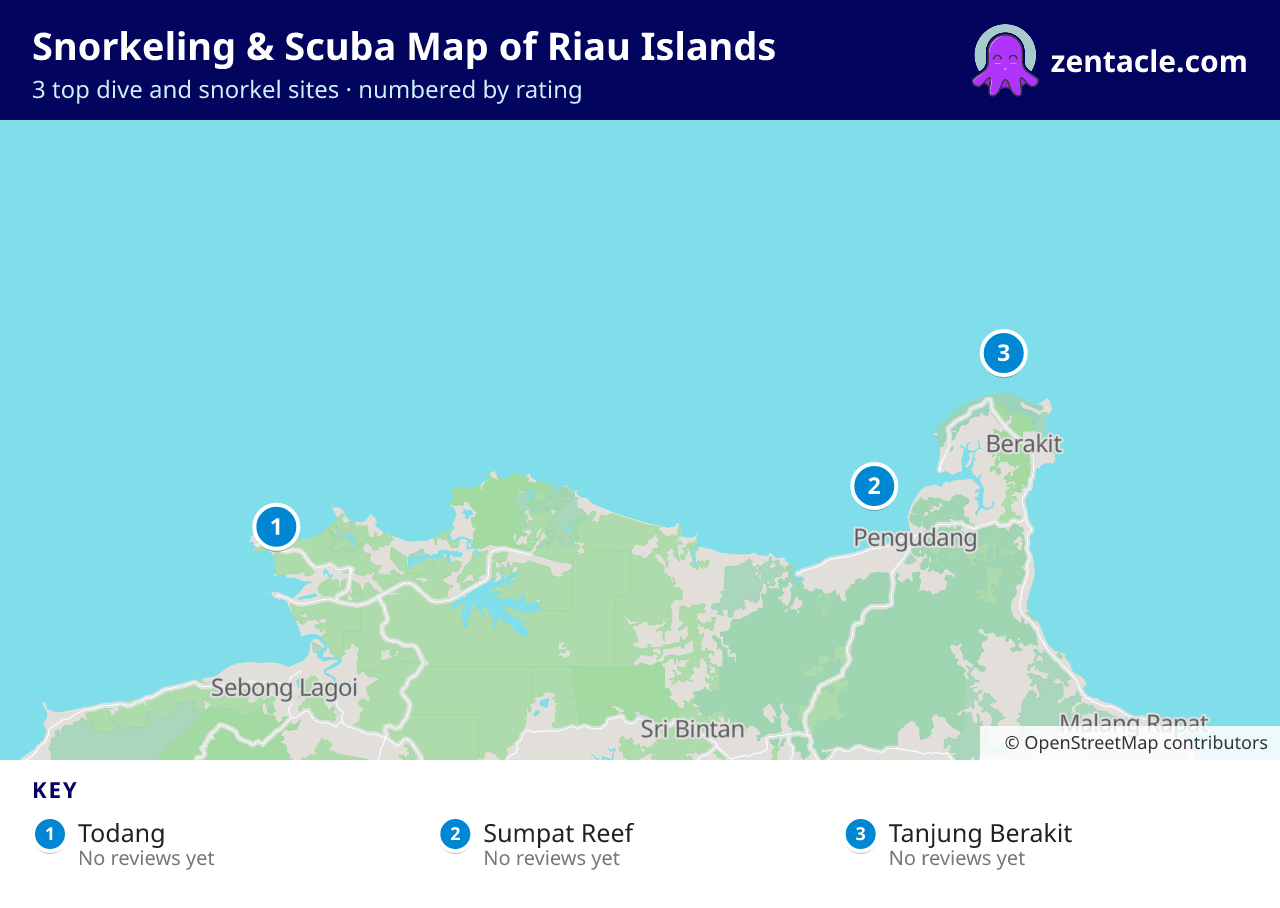 Snorkeling & Scuba Map of Riau Islands: numbered map of the top 3 dive and snorkel sites, with ratings
