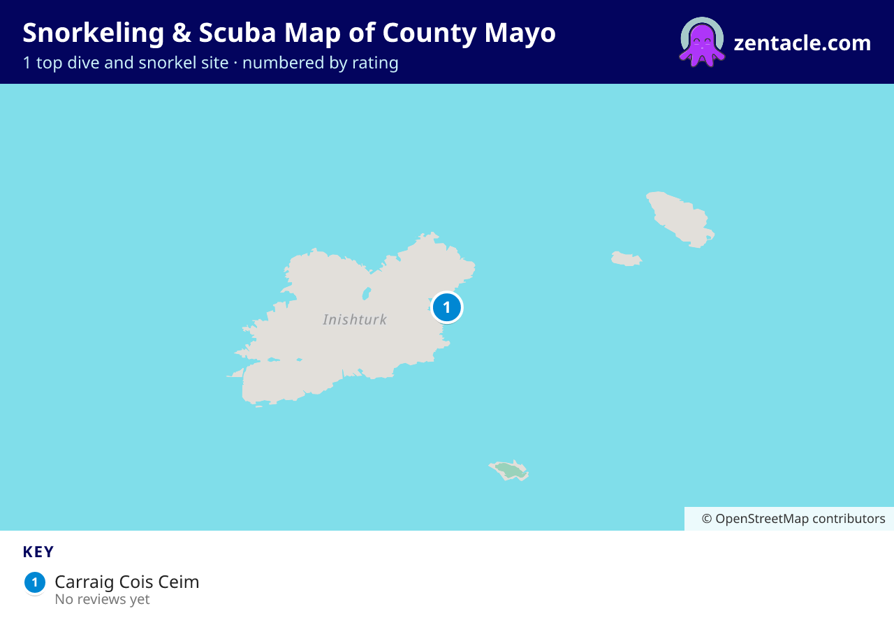 Snorkeling & Scuba Map of County Mayo: numbered map of the top 1 dive and snorkel sites, with ratings