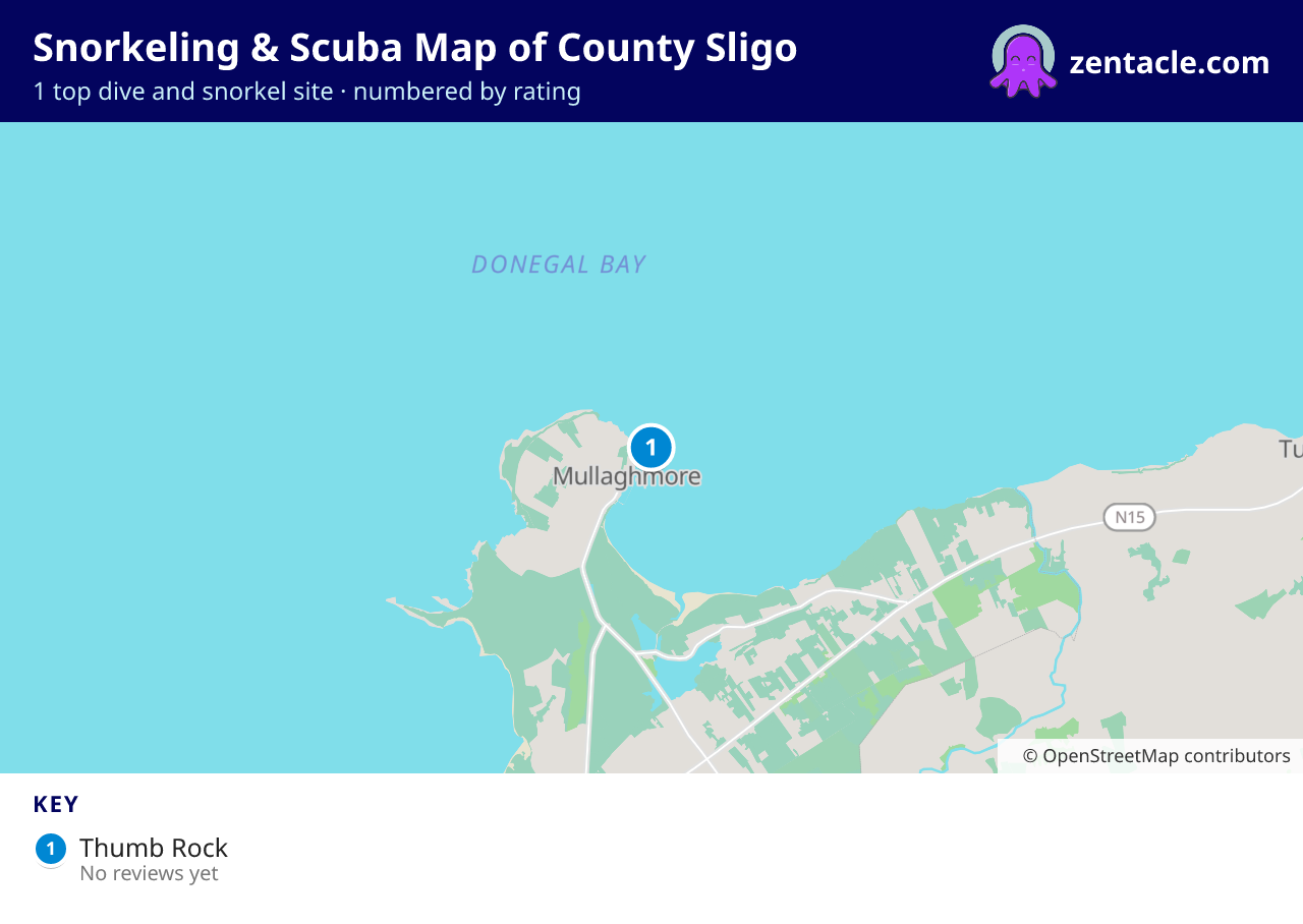 Snorkeling & Scuba Map of County Sligo: numbered map of the top 1 dive and snorkel sites, with ratings