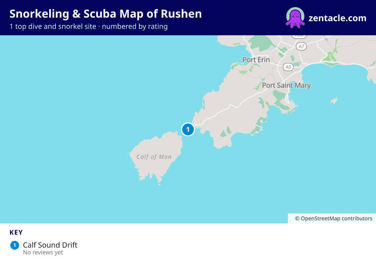 Snorkeling & Scuba Map of Rushen: numbered map of the top 1 dive and snorkel sites, with ratings