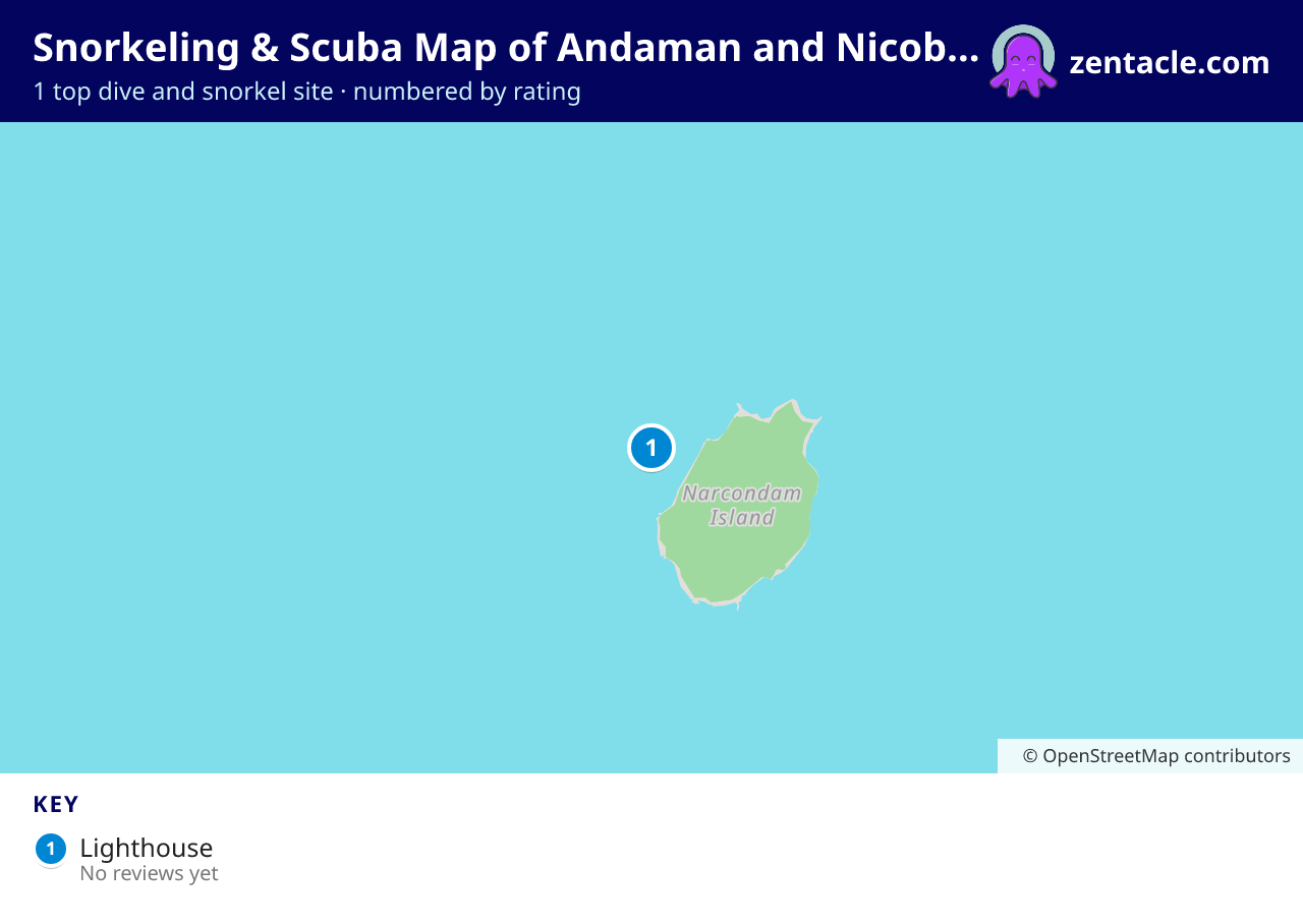 Snorkeling & Scuba Map of Andaman and Nicobar Islands: numbered map of the top 1 dive and snorkel sites, with ratings