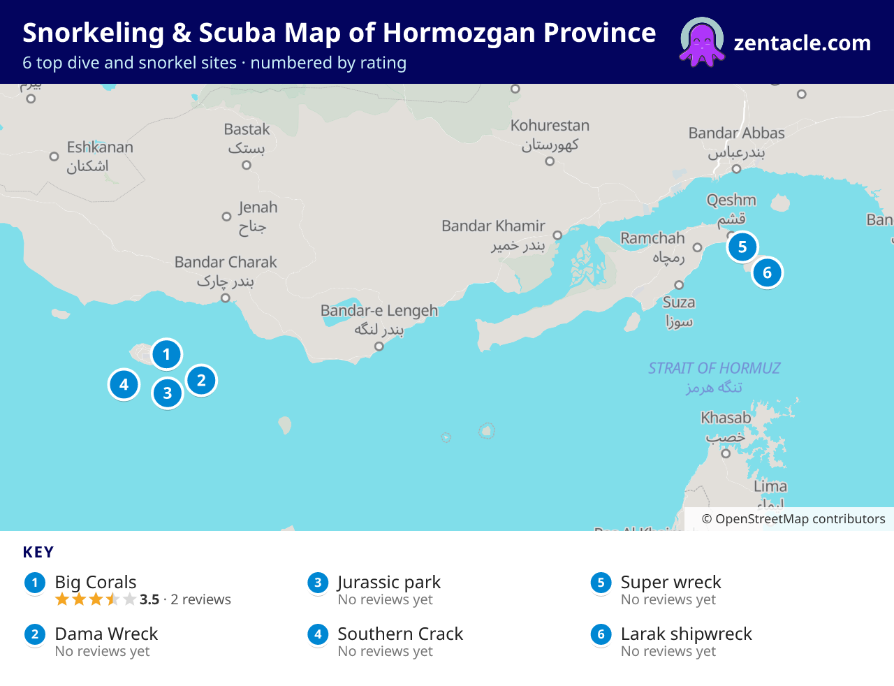 Snorkeling & Scuba Map of Hormozgan Province: numbered map of the top 6 dive and snorkel sites, with ratings