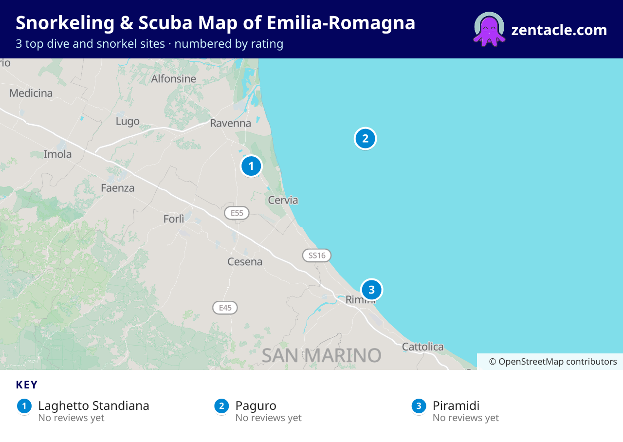 Snorkeling & Scuba Map of Emilia-Romagna: numbered map of the top 3 dive and snorkel sites, with ratings