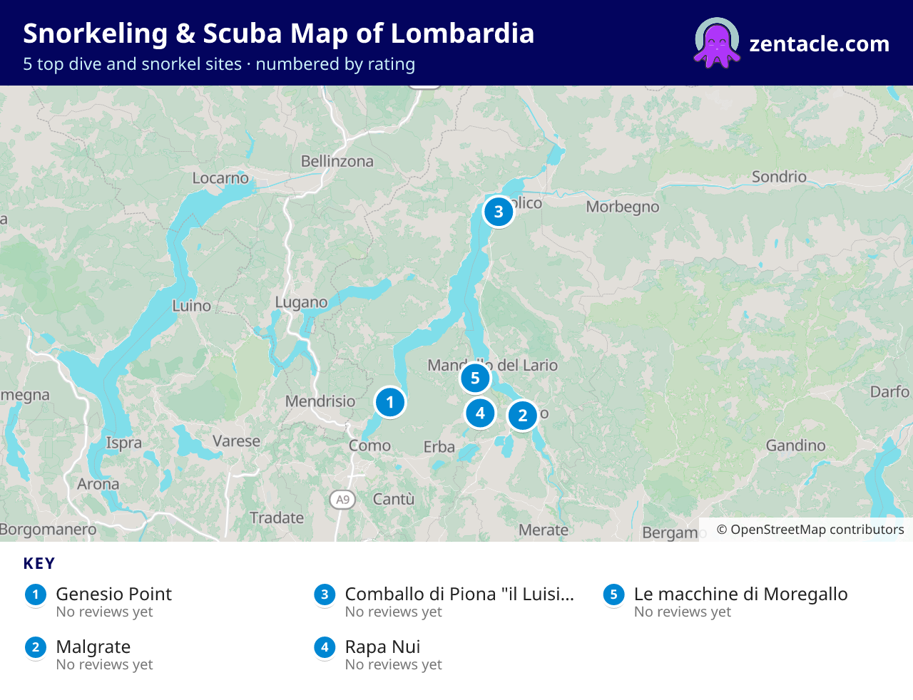 Snorkeling & Scuba Map of Lombardia: numbered map of the top 5 dive and snorkel sites, with ratings