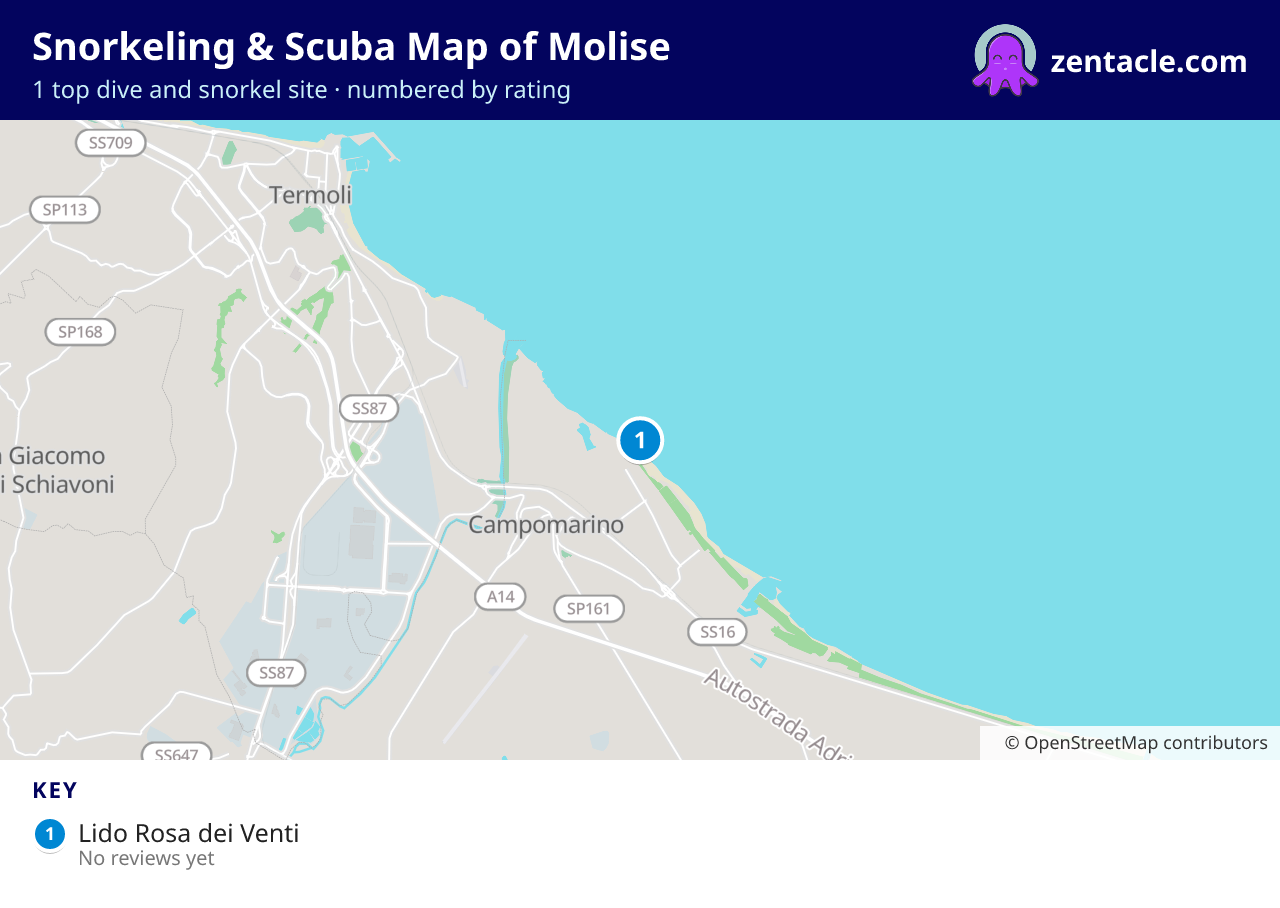 Snorkeling & Scuba Map of Molise: numbered map of the top 1 dive and snorkel sites, with ratings