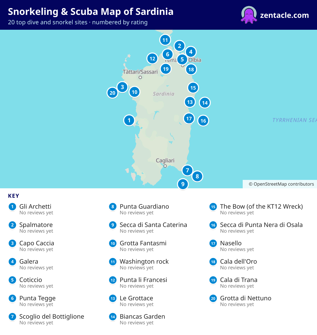 Snorkeling & Scuba Map of Sardinia: numbered map of the top 20 dive and snorkel sites, with ratings