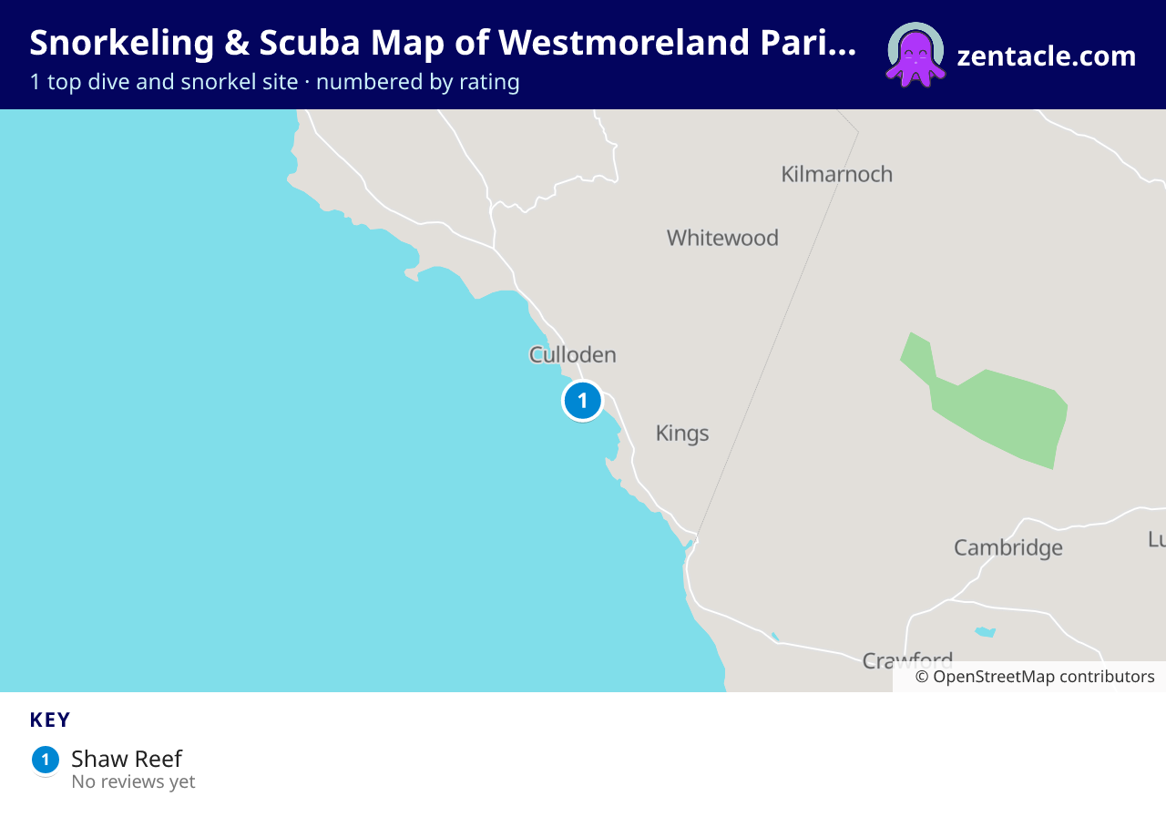 Snorkeling & Scuba Map of Westmoreland Parish: numbered map of the top 1 dive and snorkel sites, with ratings