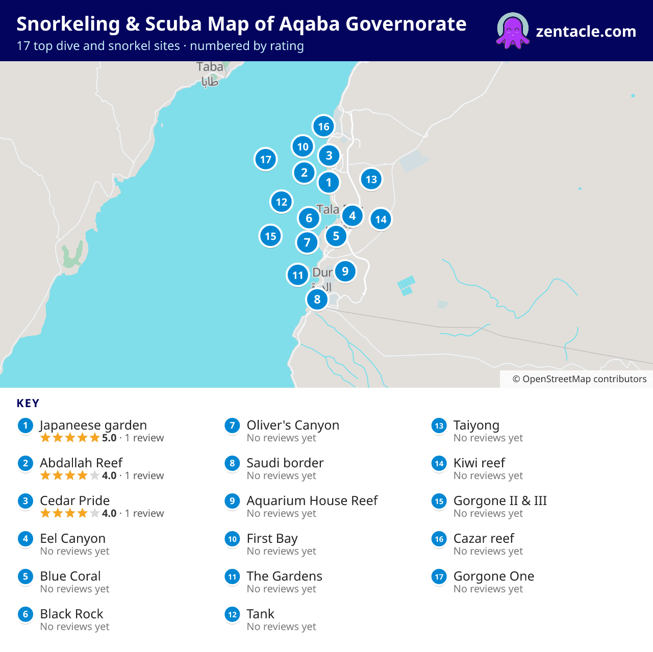 Snorkeling & Scuba Map of Aqaba Governorate: numbered map of the top 17 dive and snorkel sites, with ratings