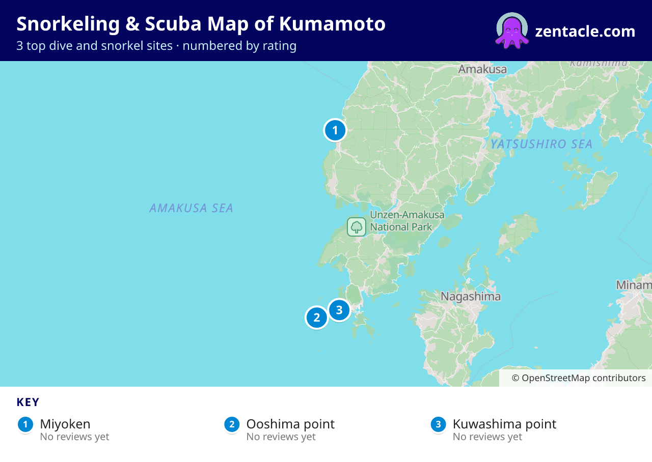 Snorkeling & Scuba Map of Kumamoto: numbered map of the top 3 dive and snorkel sites, with ratings