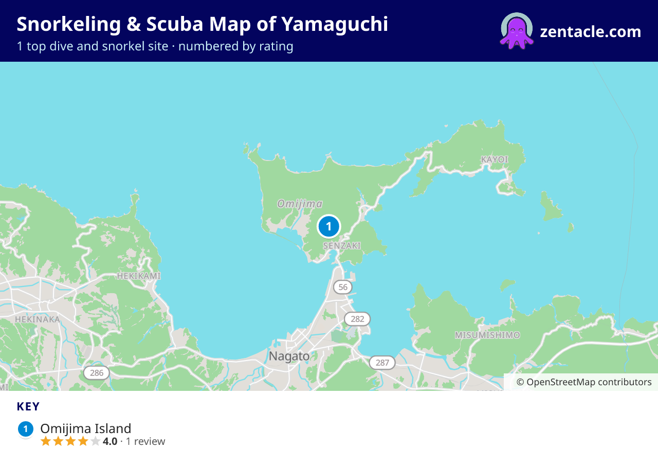 Snorkeling & Scuba Map of Yamaguchi: numbered map of the top 1 dive and snorkel sites, with ratings