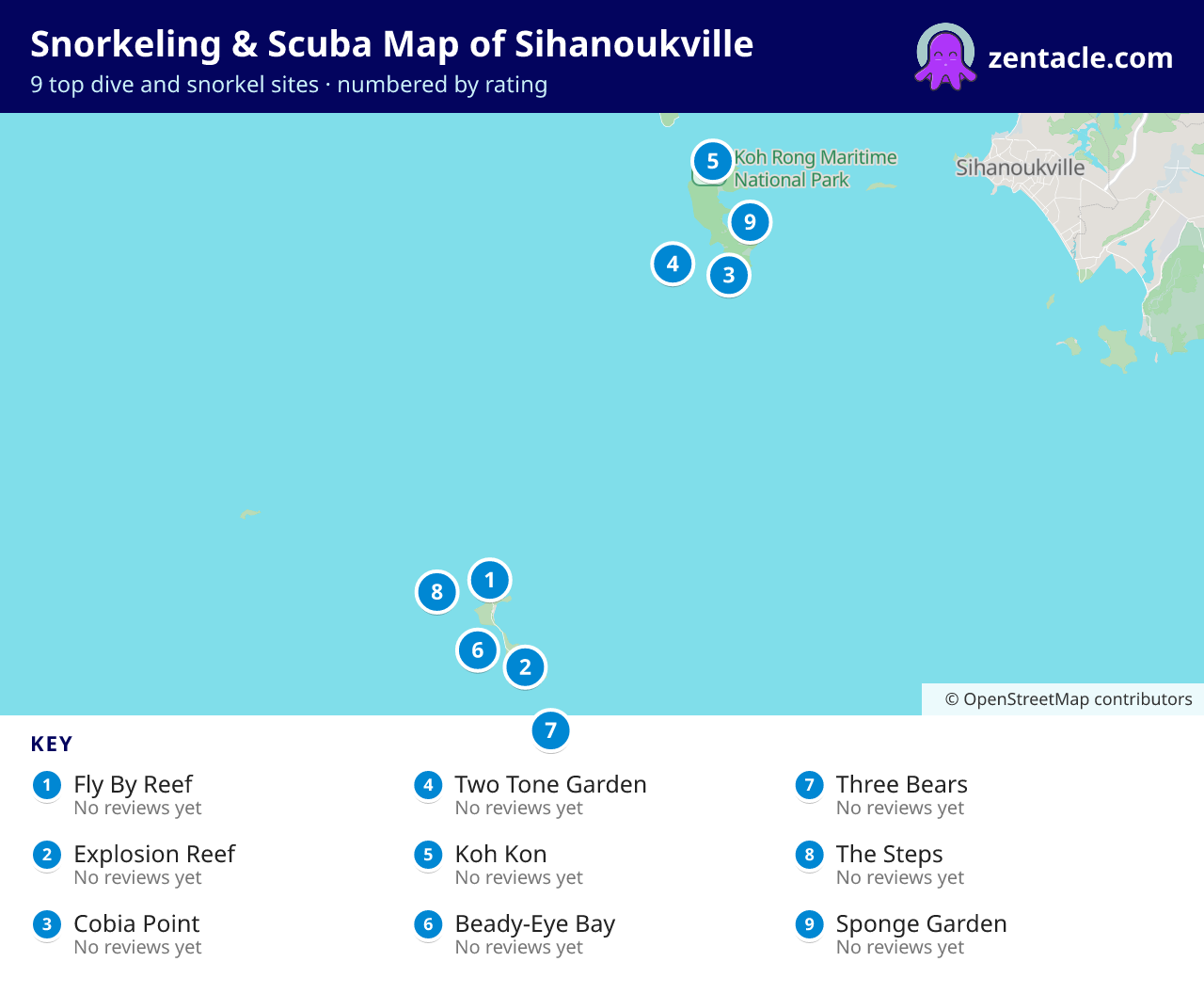 Snorkeling & Scuba Map of Sihanoukville: numbered map of the top 9 dive and snorkel sites, with ratings