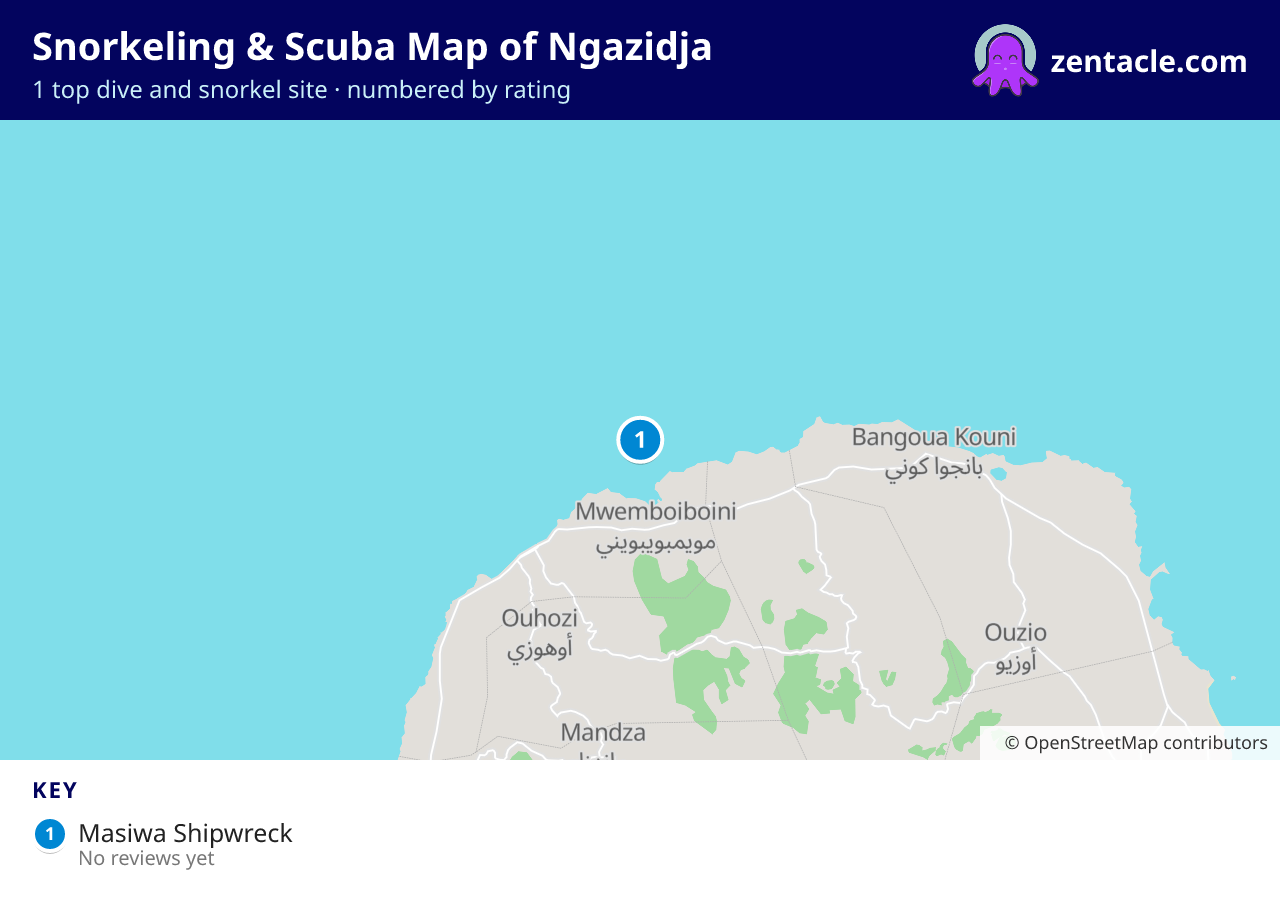 Snorkeling & Scuba Map of Ngazidja: numbered map of the top 1 dive and snorkel sites, with ratings