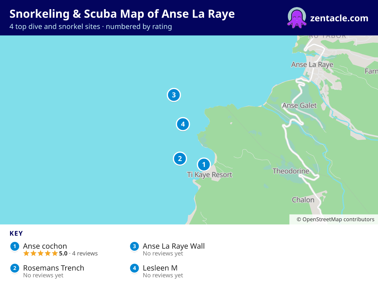 Snorkeling & Scuba Map of Anse La Raye: numbered map of the top 4 dive and snorkel sites, with ratings