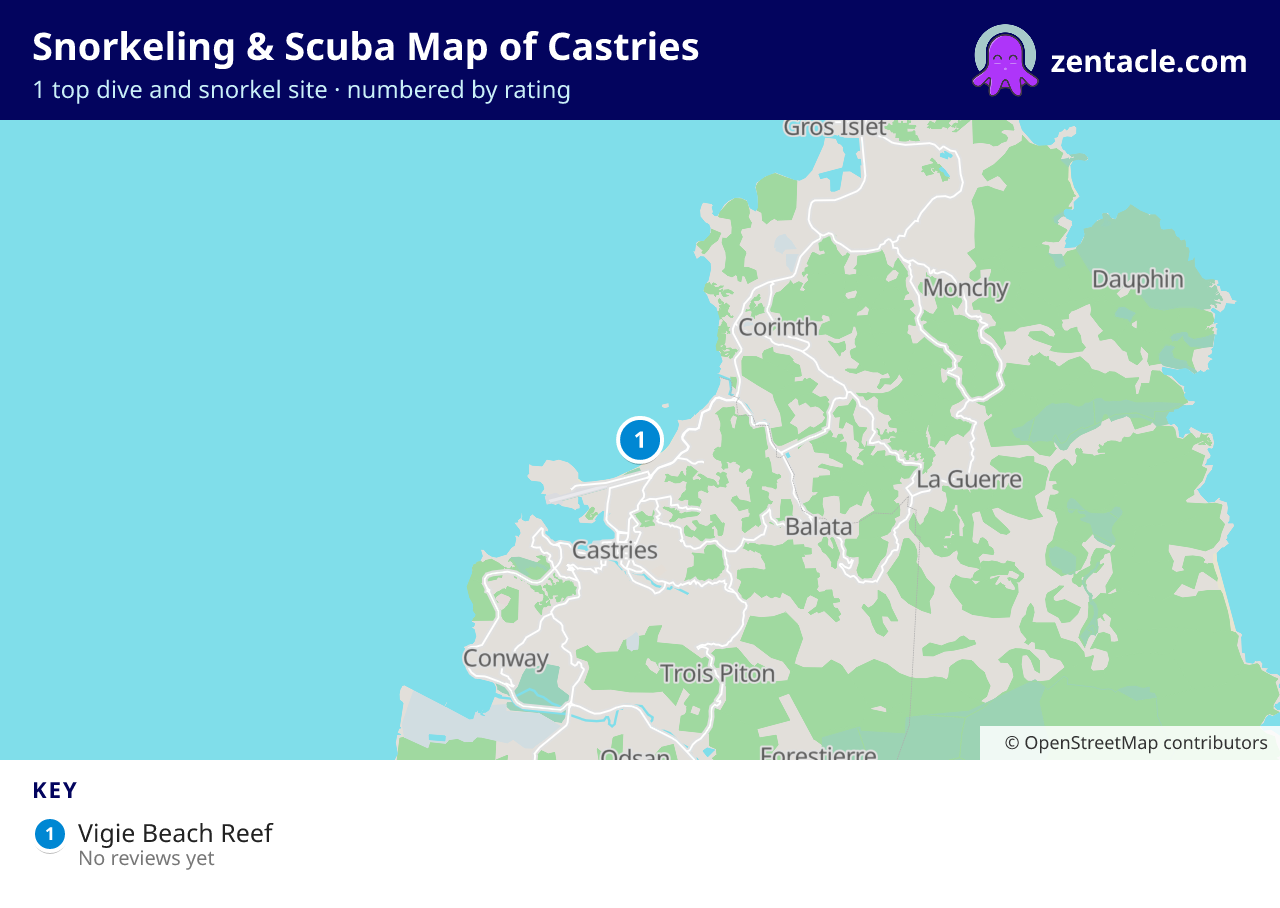 Snorkeling & Scuba Map of Castries: numbered map of the top 1 dive and snorkel sites, with ratings