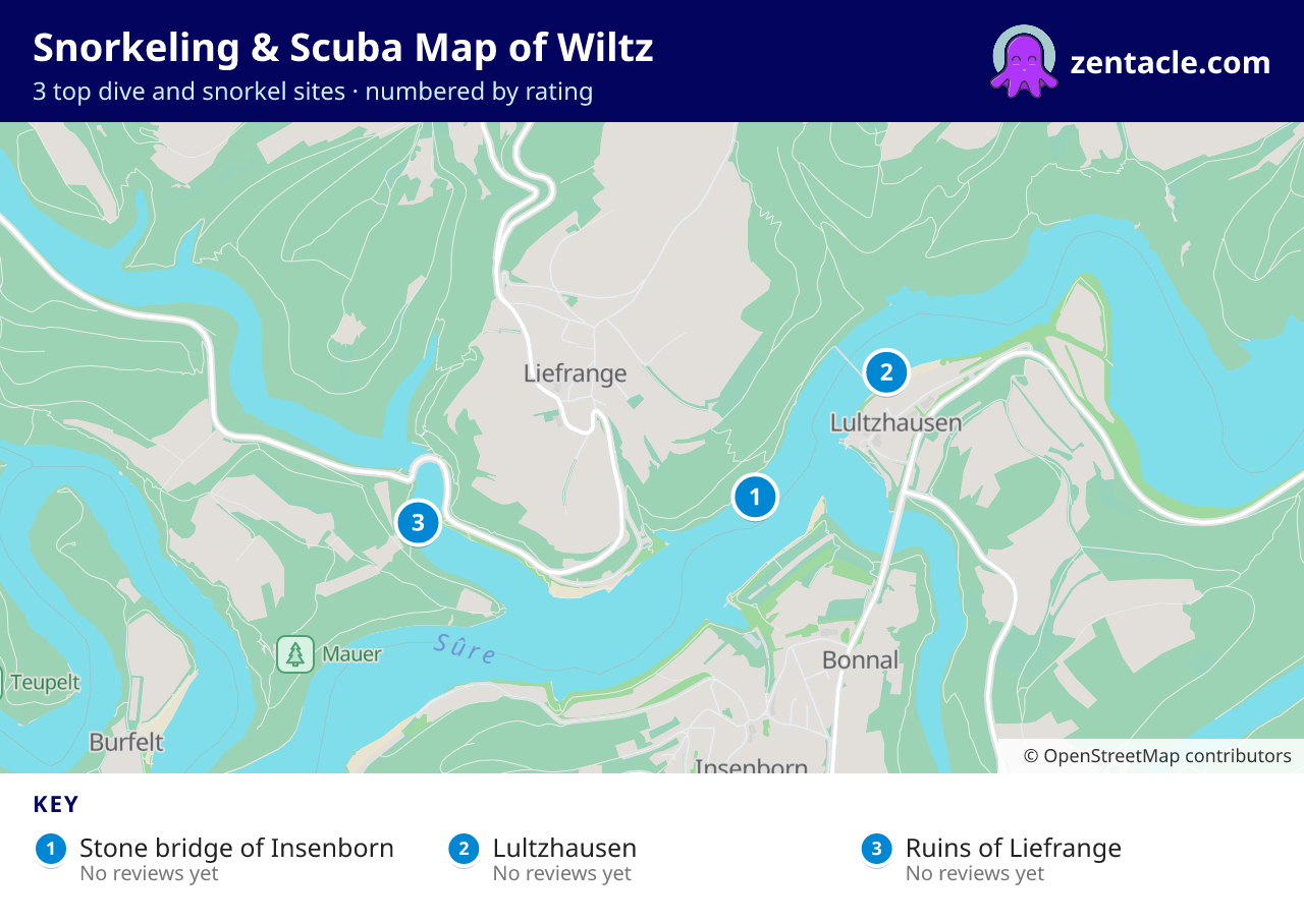 Snorkeling & Scuba Map of Wiltz: numbered map of the top 3 dive and snorkel sites, with ratings