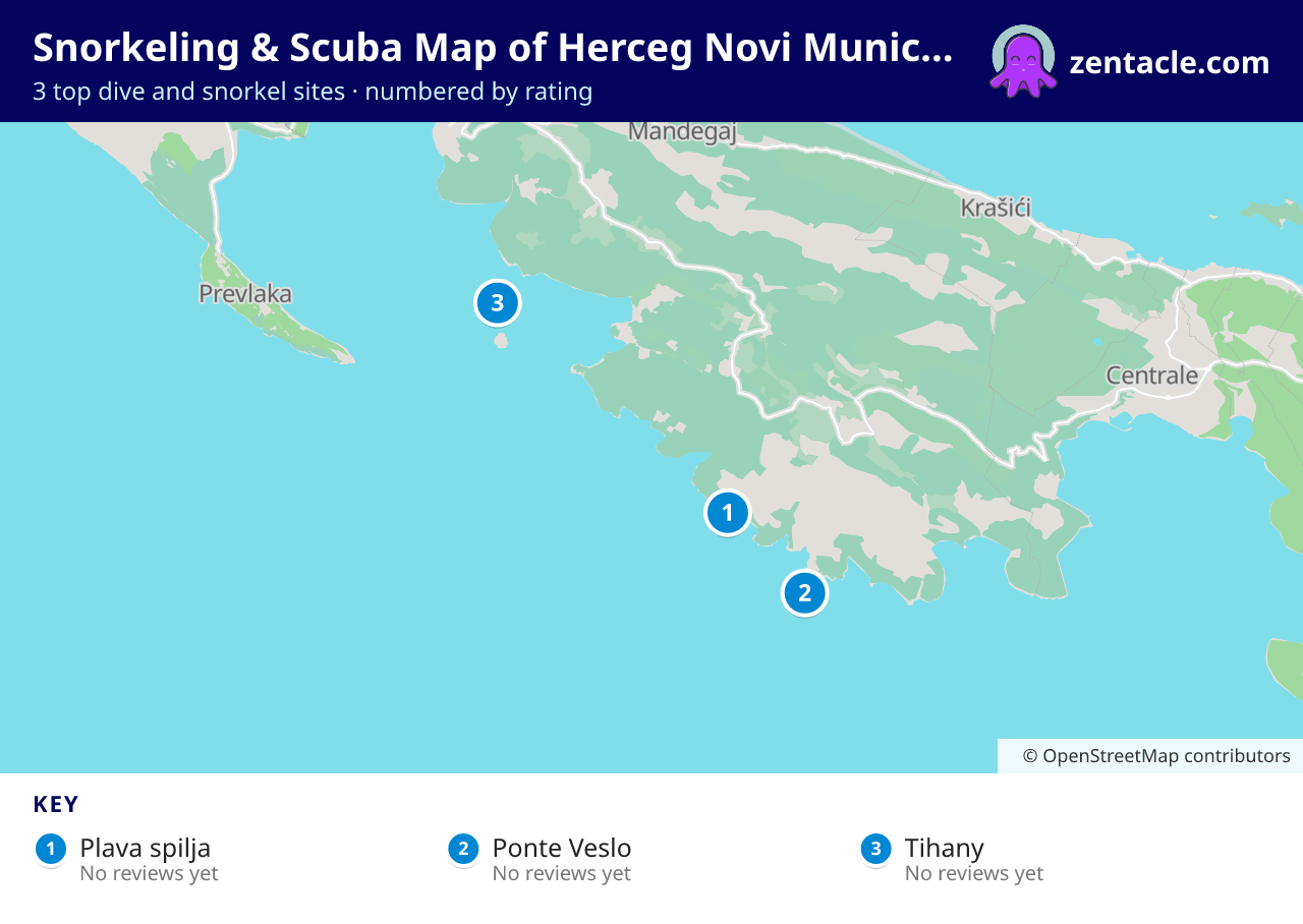 Snorkeling & Scuba Map of Herceg Novi Municipality: numbered map of the top 3 dive and snorkel sites, with ratings