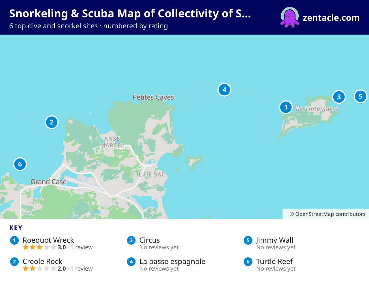 Snorkeling & Scuba Map of Collectivity of Saint Martin: numbered map of the top 6 dive and snorkel sites, with ratings