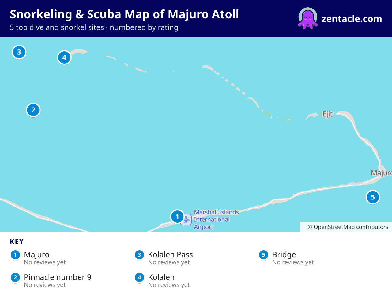 Snorkeling & Scuba Map of Majuro Atoll: numbered map of the top 5 dive and snorkel sites, with ratings
