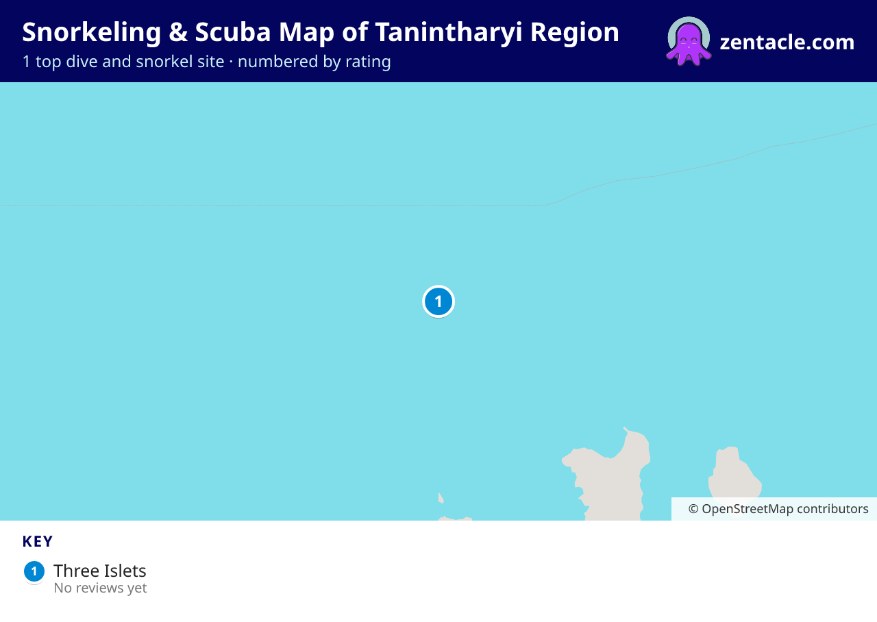 Snorkeling & Scuba Map of Tanintharyi Region: numbered map of the top 1 dive and snorkel sites, with ratings
