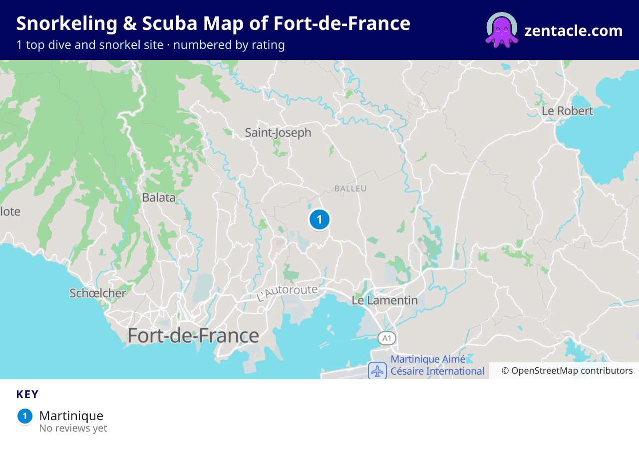 Snorkeling & Scuba Map of Fort-de-France: numbered map of the top 1 dive and snorkel sites, with ratings