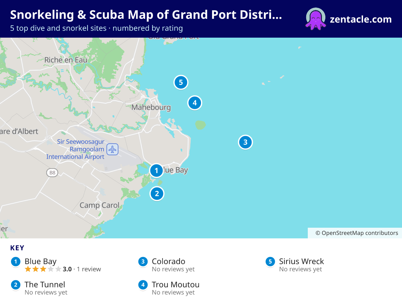 Snorkeling & Scuba Map of Grand Port District: numbered map of the top 5 dive and snorkel sites, with ratings