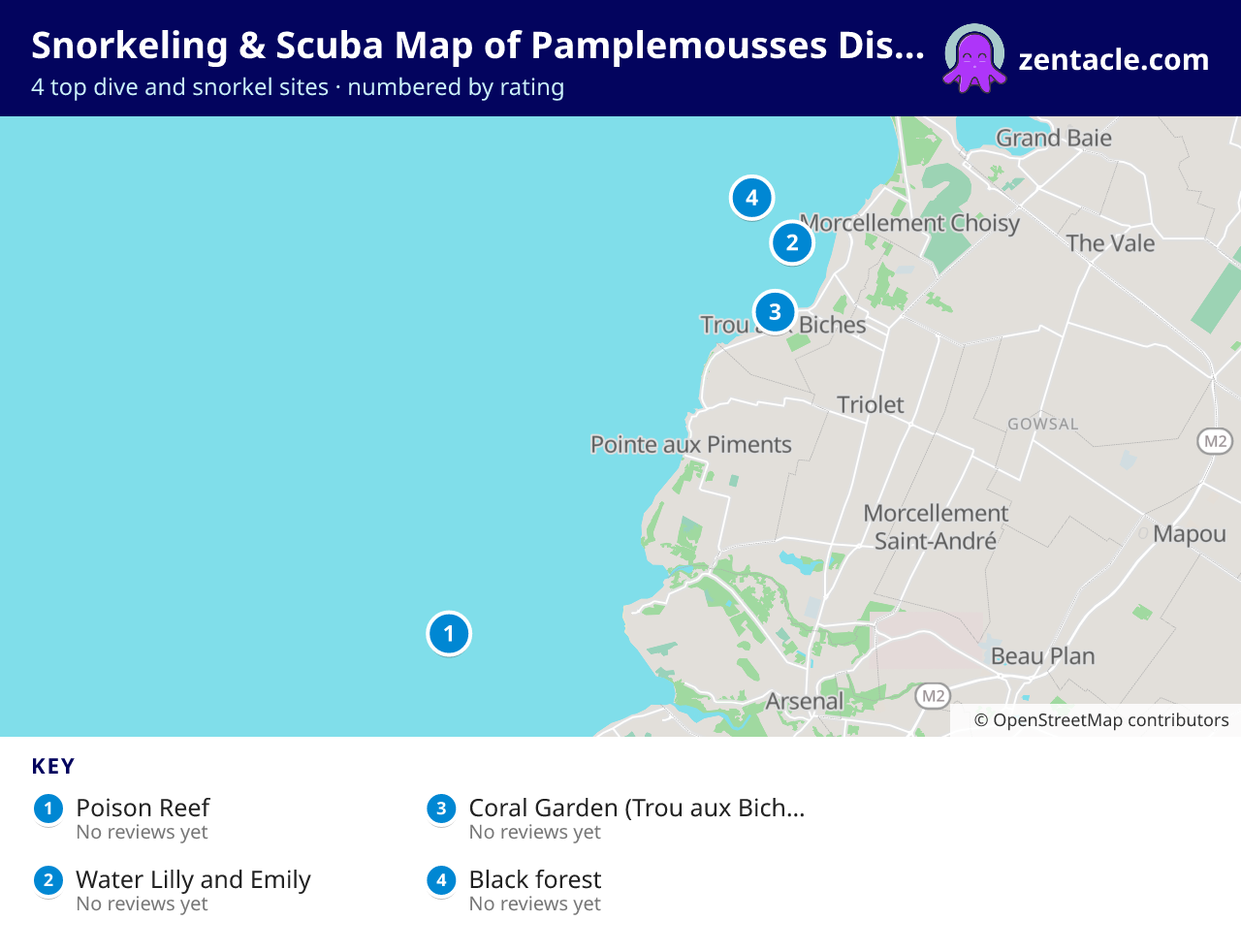 Snorkeling & Scuba Map of Pamplemousses District: numbered map of the top 4 dive and snorkel sites, with ratings