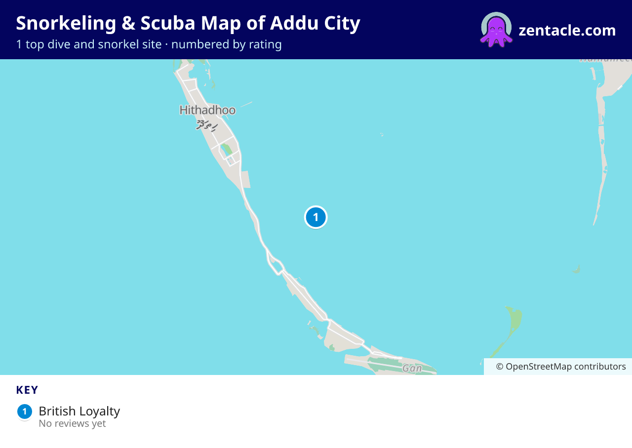 Snorkeling & Scuba Map of Addu City: numbered map of the top 1 dive and snorkel sites, with ratings