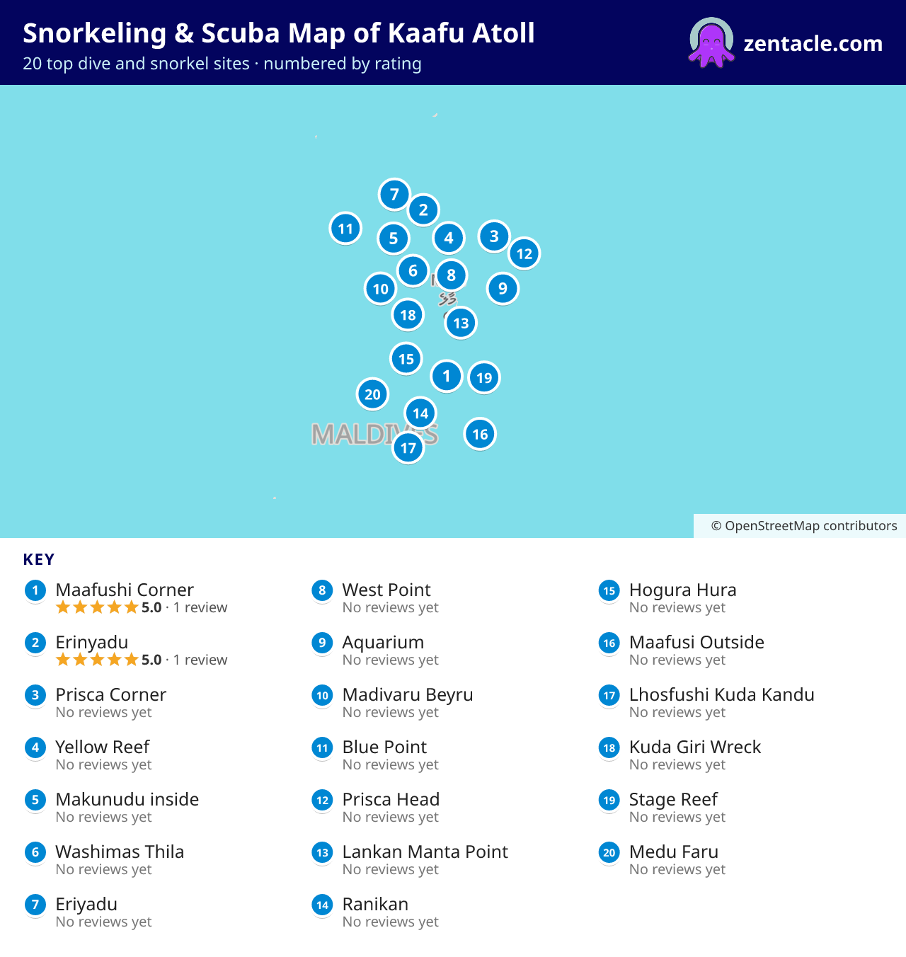Snorkeling & Scuba Map of Kaafu Atoll: numbered map of the top 20 dive and snorkel sites, with ratings