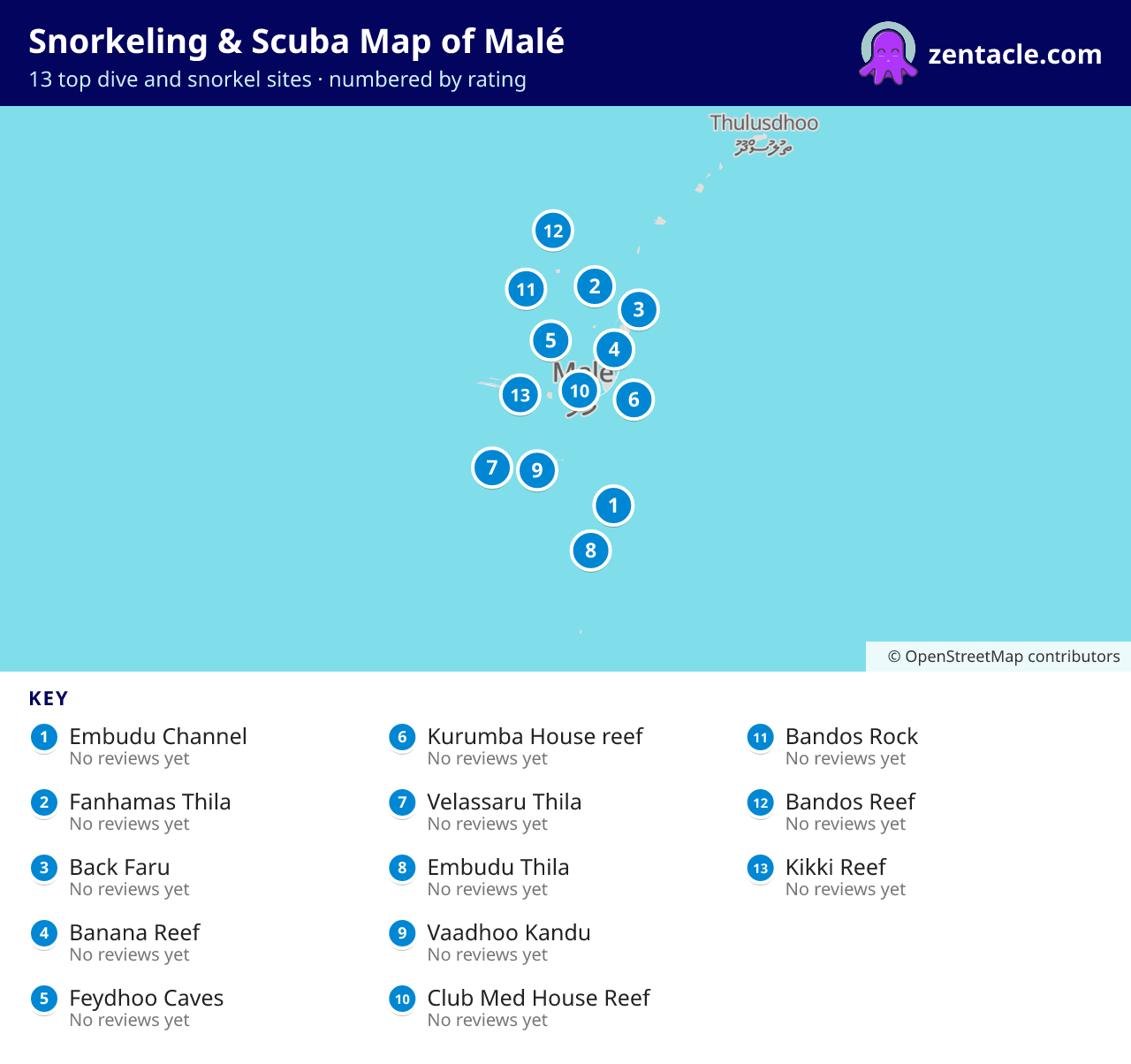 Snorkeling & Scuba Map of Malé: numbered map of the top 13 dive and snorkel sites, with ratings