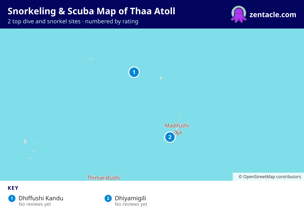 Snorkeling & Scuba Map of Thaa Atoll: numbered map of the top 2 dive and snorkel sites, with ratings