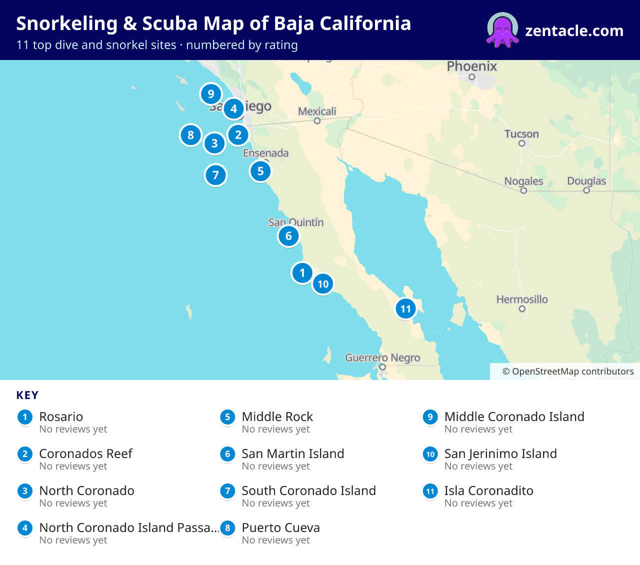 Snorkeling & Scuba Map of Baja California: numbered map of the top 11 dive and snorkel sites, with ratings