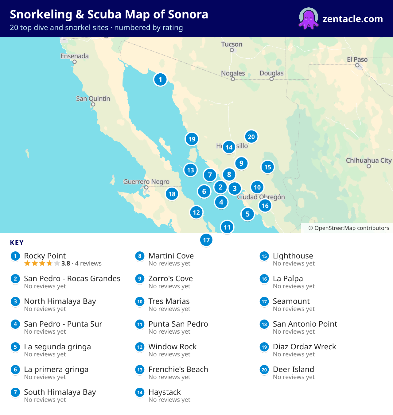 Snorkeling & Scuba Map of Sonora: numbered map of the top 20 dive and snorkel sites, with ratings