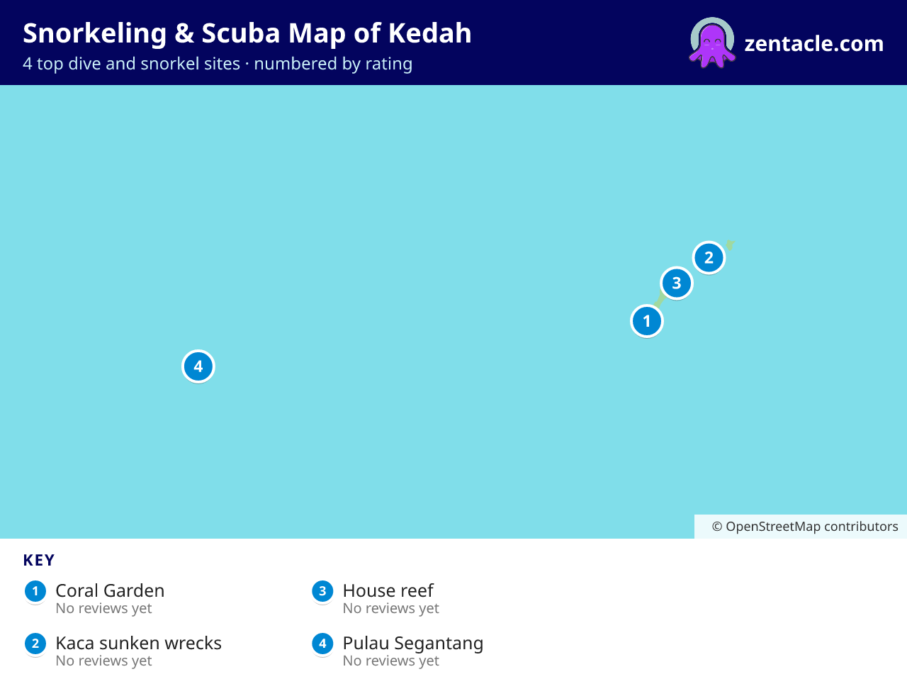 Snorkeling & Scuba Map of Kedah: numbered map of the top 4 dive and snorkel sites, with ratings