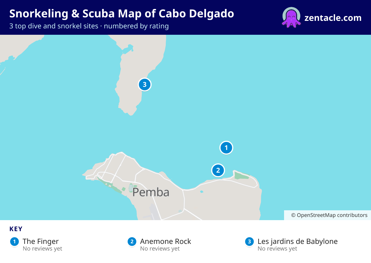 Snorkeling & Scuba Map of Cabo Delgado: numbered map of the top 3 dive and snorkel sites, with ratings