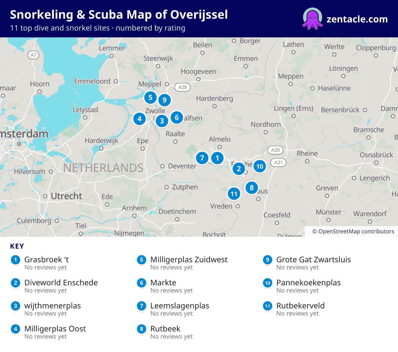 Snorkeling & Scuba Map of Overijssel: numbered map of the top 11 dive and snorkel sites, with ratings