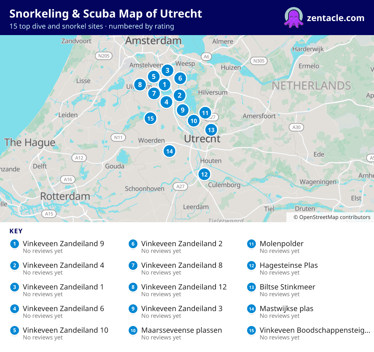 Snorkeling & Scuba Map of Utrecht: numbered map of the top 15 dive and snorkel sites, with ratings