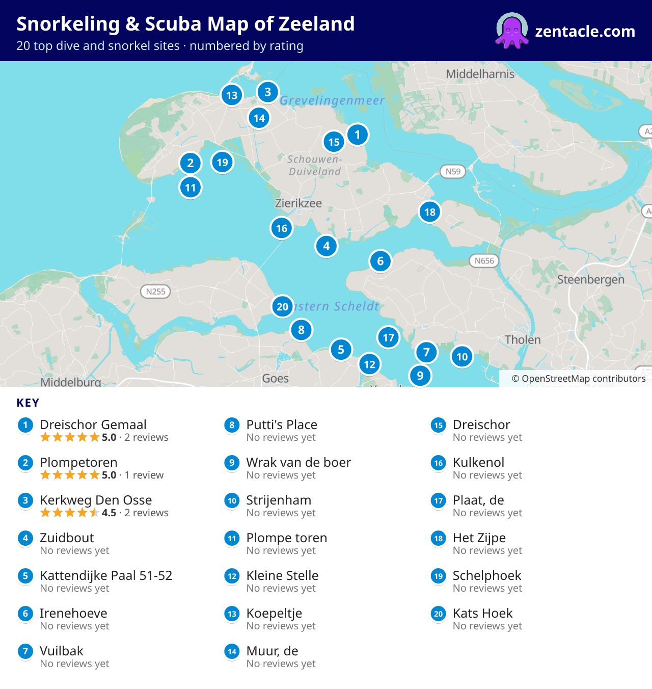 Snorkeling & Scuba Map of Zeeland: numbered map of the top 20 dive and snorkel sites, with ratings