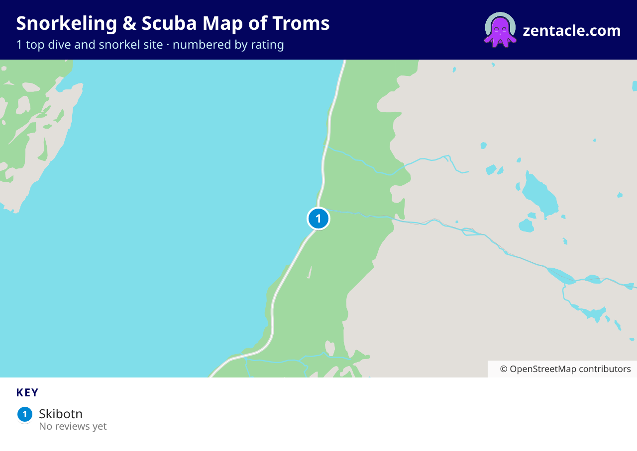 Snorkeling & Scuba Map of Troms: numbered map of the top 1 dive and snorkel sites, with ratings