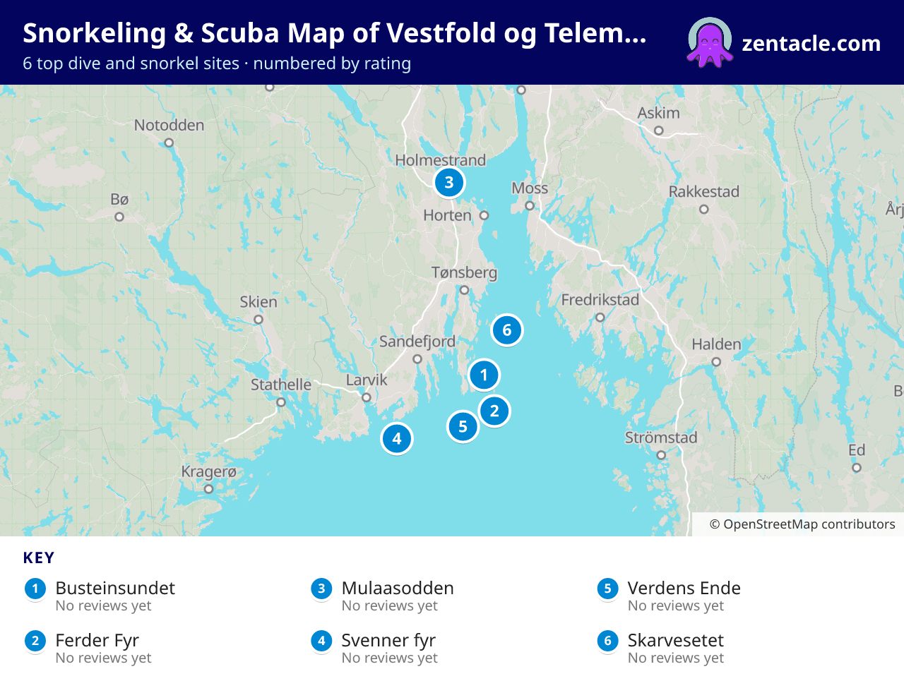 Snorkeling & Scuba Map of Vestfold og Telemark: numbered map of the top 6 dive and snorkel sites, with ratings